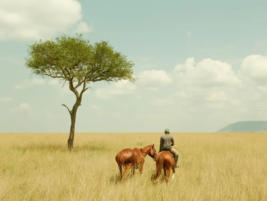 A rider and two horses beneath an acacia tree.
