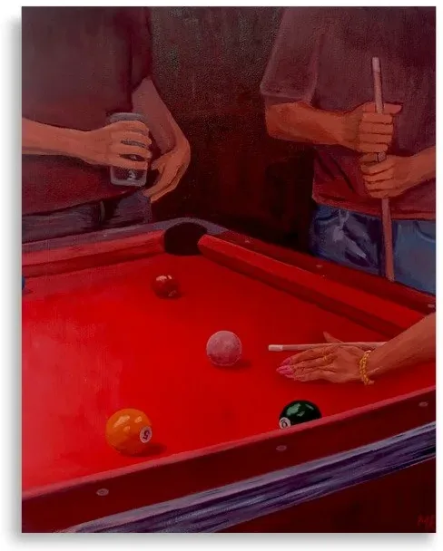 A painting of two players over a red pool table.