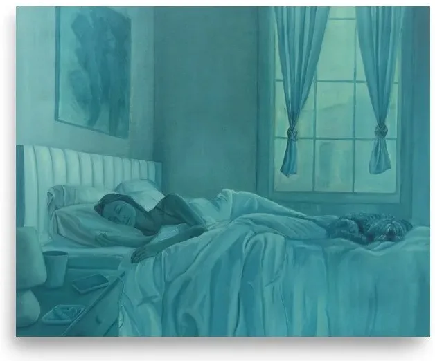 A painting in blues of a figure asleep by a window.
