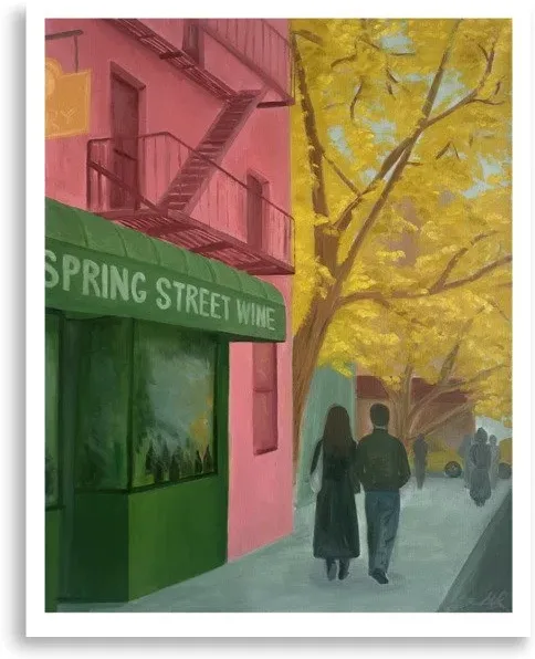 A painting of the Spring Street Wine storefront in autumn.